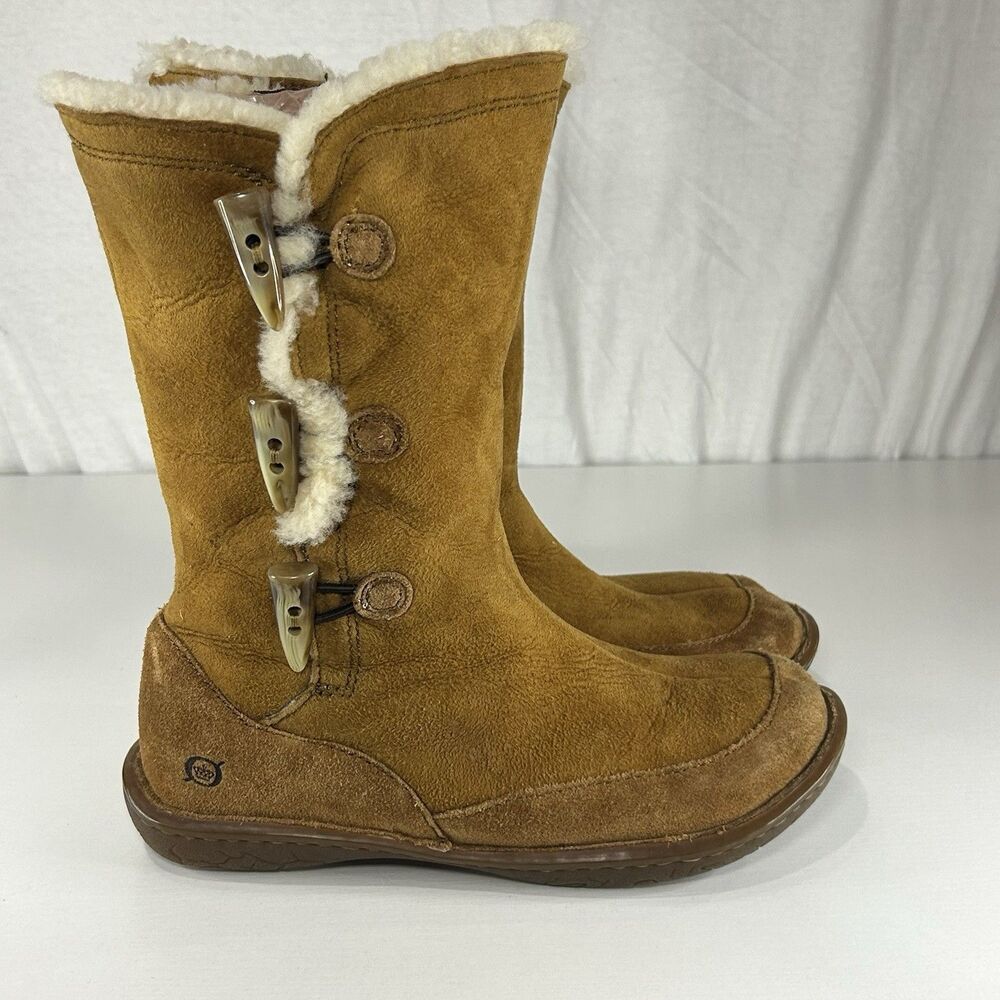 Born Brown Tan Leather Shearling Winter Boots Toggle Closure Women’s Size 9
